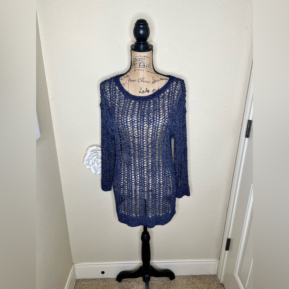 NTM: MICHAEL Michael Kors Navy Open Knit Crochet Sweater 3/4 Sleeves Size L